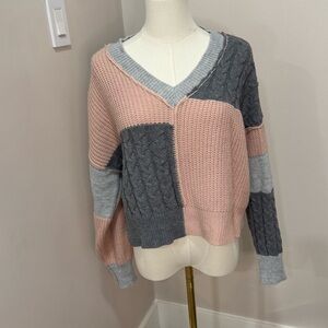 No‎ Comment Pink Colorblock V Neck Sweater Large